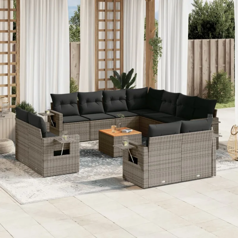 Muebles de jardín con cojines 12 piezas resina tejida gris.