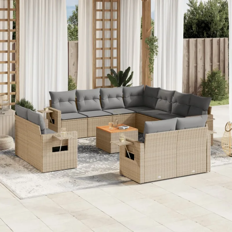 Muebles de jardín con cojines 12 piezas resina tejida beige