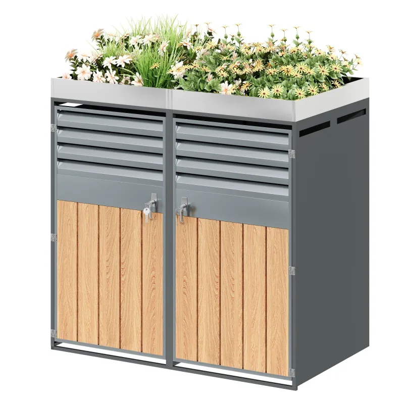 Recinto para cubos de basura, abertura de ventilación con rejillas, compartimentos para basura, con cerradura, dos puertas, zona de plantación.