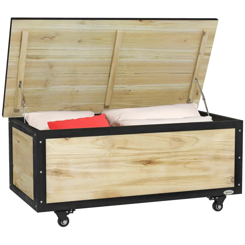 Caja de almacenamiento de madera para jardín, caja tipo cojín, 121l, con ruedas, caja de almacenamiento resistente a la intemperie para balcón, terraz