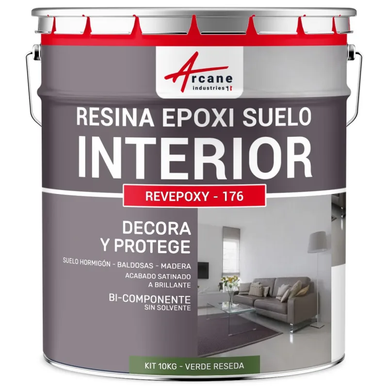 Resina epoxi para suelos interiores - revepoxy - 176 - 10 kg (hasta 50 m² en 2 capas) verde reseda - ral 6011 - arcane industries