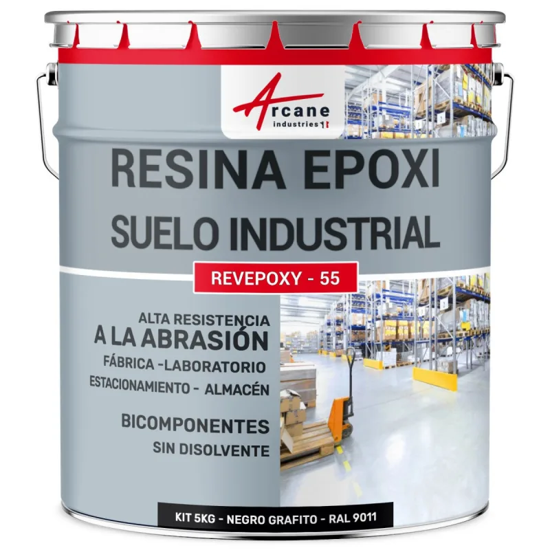 Pintura epoxi para suelos industriales - revepoxy tráfico intenso - 5 kg (hasta 10 m² en 2 capas) negro grafito - ral 9011 - arcane industries