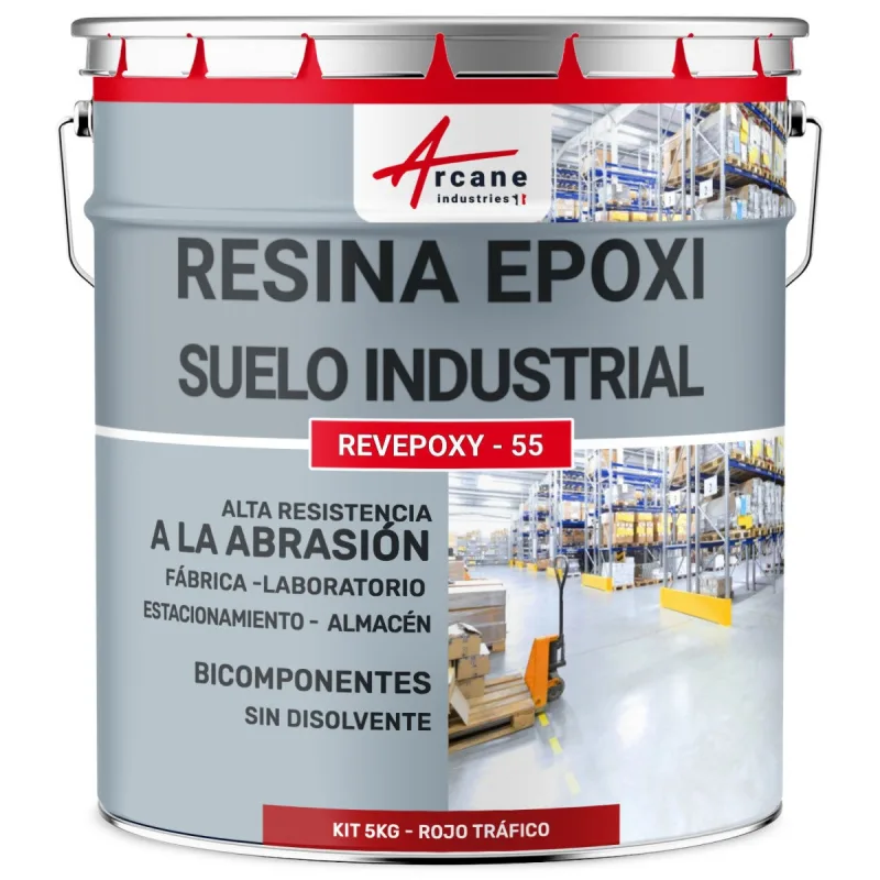Pintura epoxi para suelos industriales - revepoxy tráfico intenso - 5 kg (hasta 10 m² en 2 capas) rojo señales - ral 3020 - arcane industries