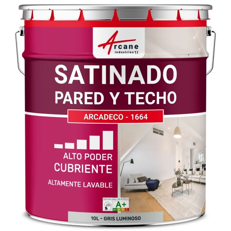Pintura mural satinada profesional – arcadeco - 1664 | acabado luminoso, ultra cubriente y lavable - 10 l gris claro - ral 7035 - arcane industries