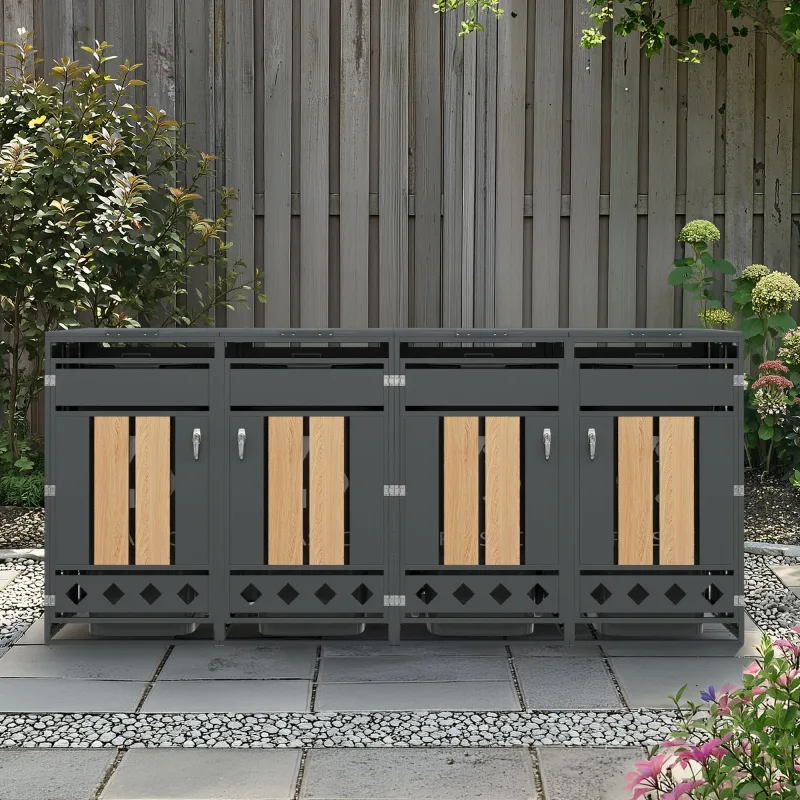 Cajón de almacenamiento con tapa abatible, con cerradura, cuatro puertas, panel de puerta con vetas de madera verticales, base hueca en forma de diama