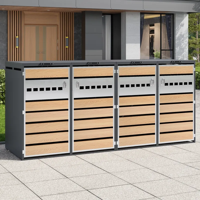 Caja de almacenamiento con tapa abatible, con cerradura, cuatro puertas y bloques horizontales con vetas de madera.