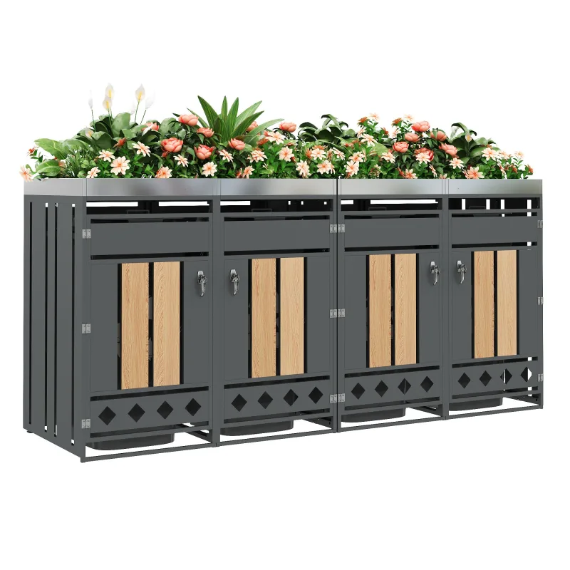Caja para cubo de basura con orificios de ventilación en forma de diamante, compartimentos para basura, con cerradura, cuatro puertas, zona para plant