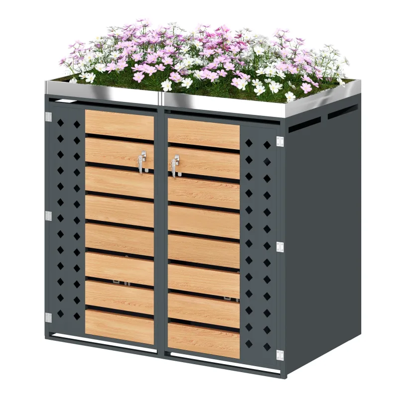 Caseta para cubo de basura, paneles horizontales con vetas de madera, con cerradura, dos puertas, zona de plantación, panel de puerta hueco en forma d