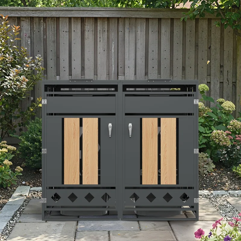 Caja de almacenamiento con tapa abatible, con cerradura, dos puertas, panel de la puerta con vetas de madera verticales, base hueca en forma de diaman