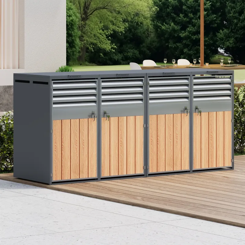 Caja de almacenamiento con tapa abatible, abertura de ventilación con rejilla, con cerradura y cuatro puertas.