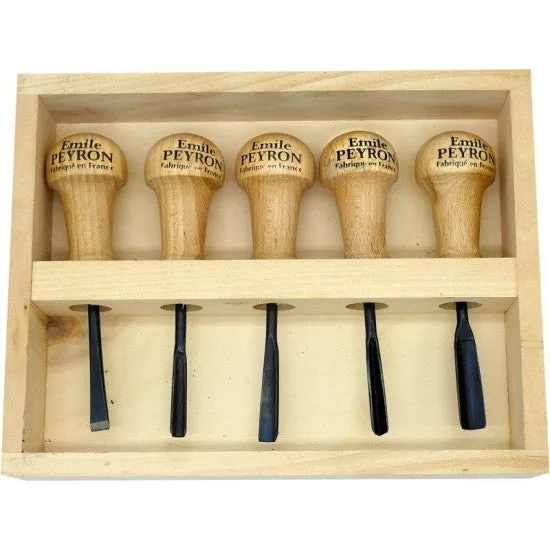Coffret de 5 gouges de sculpteur - manche bois - emile peyron - 1116