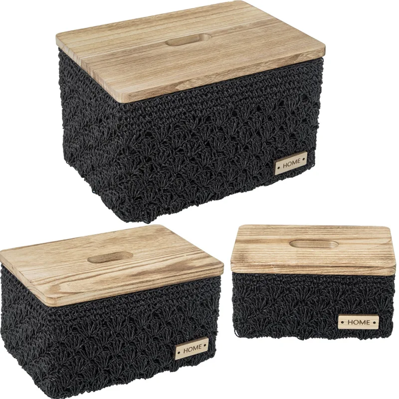 Set 3 cajas almacenamiento tela negra c,tapa madera