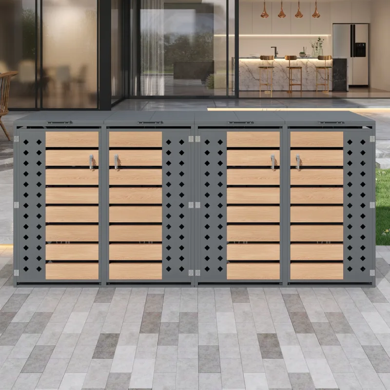 Caja de almacenamiento para cubos de basura con tapa abatible, con cerradura, cuatro puertas y panel de puerta hueco en forma de diamante.