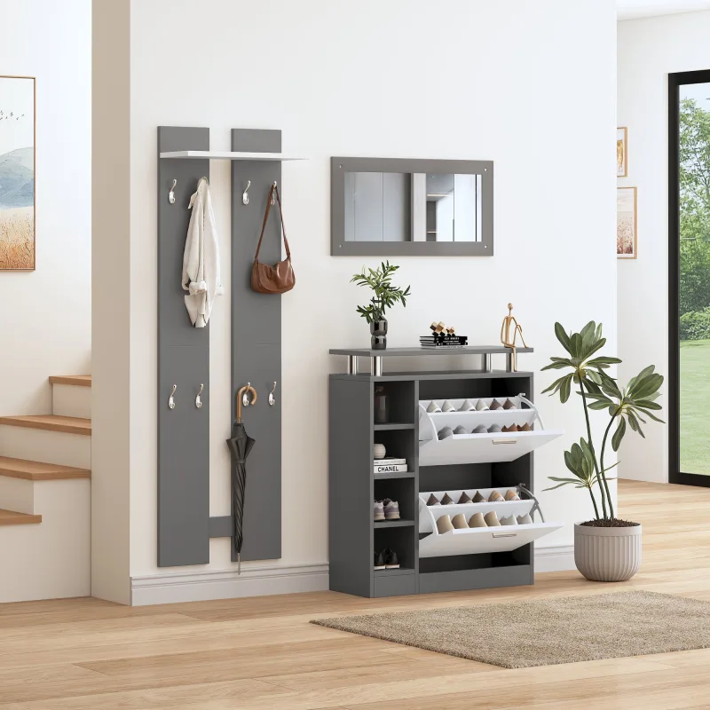 Perchero de pared con zapatero, estantes, ganchos, espejo, paneles de partículas, gris