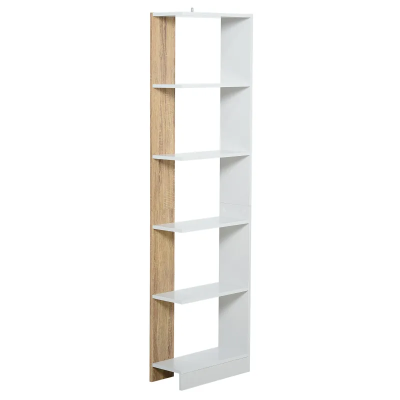Estantería de almacenaje con 5 estantes librería multiusos para estudio oficina con base elevada diseño elegante 45x21x170 cm blanco y roble