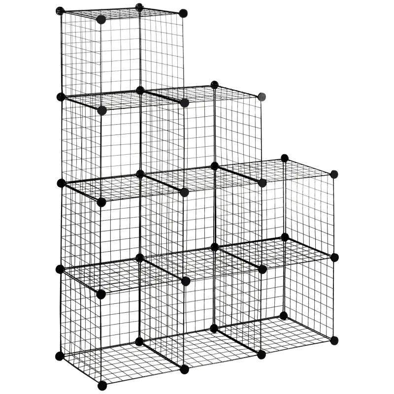 Organizador de almacenamiento de alambre metálico en forma de cubo, estantería con nueve cubos de almacenamiento, diseño modular apilable.