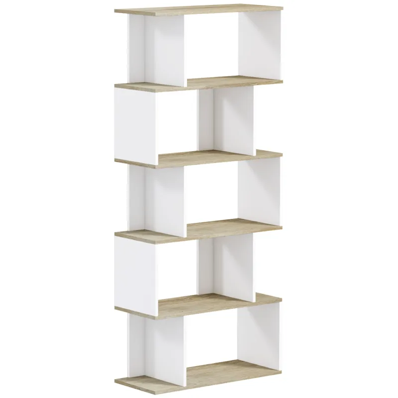 Estantería estilo nórdico librería con 5 estantes antivuelco carga 25 kg 70x29,5x163 cm roble y blanco