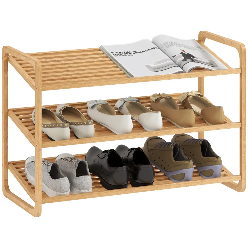 Zapatero de bambú de 3 niveles , 12 unidades con estantes de listones para entrada y dormitorio, 76 x 33 x 50,8 cm, color madera natural