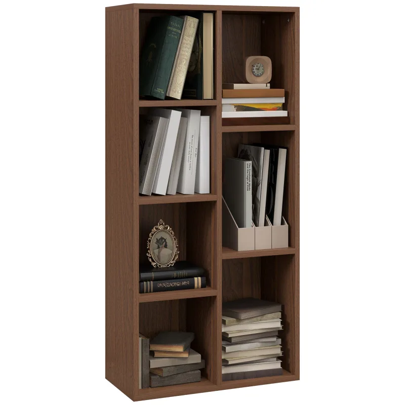 Librería cubo con 7 estantes de diferentes tamaños, moderna estantería de madera, 50x24x106 cm, color nogal