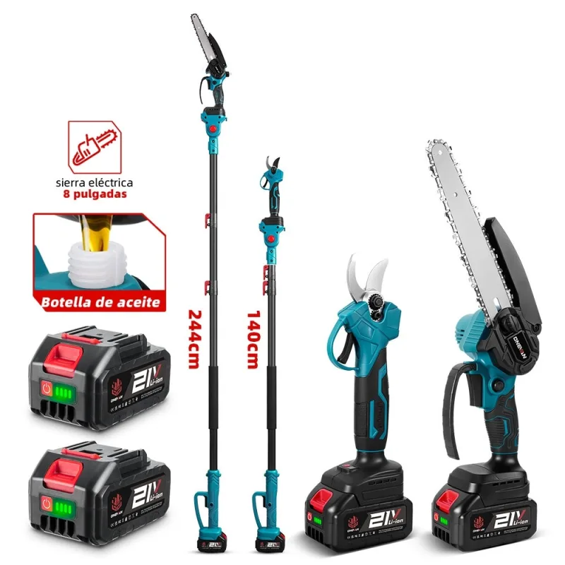 Kit de jardinería con pértiga 4 en 1, 8 sierra eléctrica + 25mm podadora,con 2 baterías de 3000 mah,alcance máximo de 2.4 m