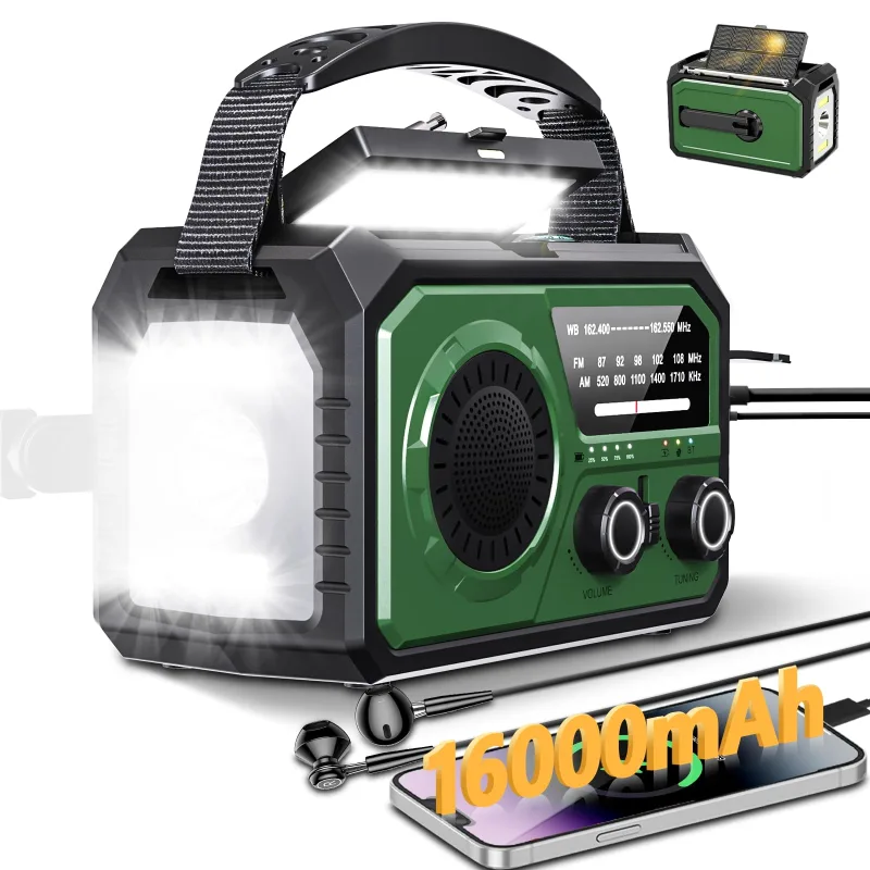 Radio de emergencia con linterna - radio solar de manivela de 16000 mah, radio meteorológica am/fm/wb, radio bluetooth, cargador usb, alarma sos