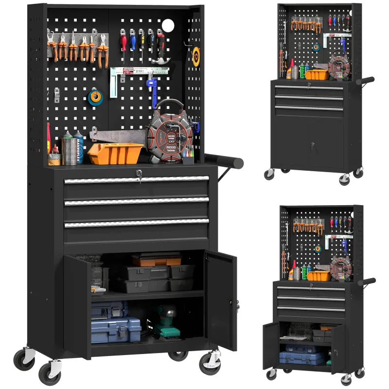 Carro de herramientas con 3 cajones tabla de pegboard cerradura por llave estante ajustable 2 ruedas con freno negro