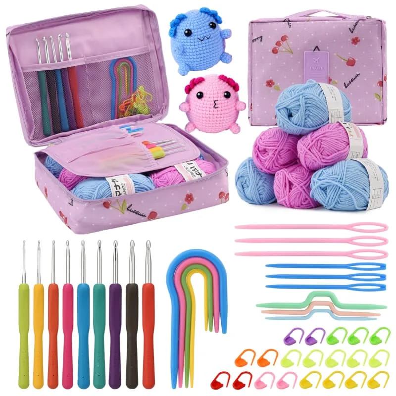 Kit crochet 49 piezas, para principiantes, 6 colores hilo + accesorios + bolsa, color morado.