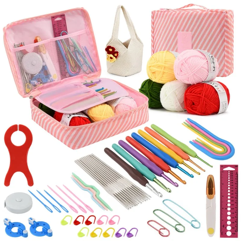 Agujas crochet,58 piezas crochet kit principiantes adultos,ganchillos grochet kit con bolsa de almacenamiento y accesorios y lana.