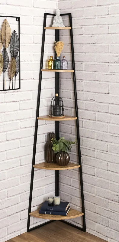Estantería de esquina de 5 baldas en color negro de 34,5x180x34,5 cm
