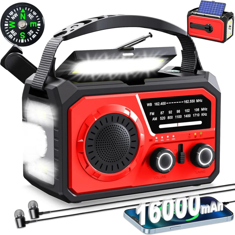 Radio de emergencia con linterna - radio solar de manivela de 16000 mah, radio meteorológica am/fm/wb, radio bluetooth, cargador usb, alarma sos