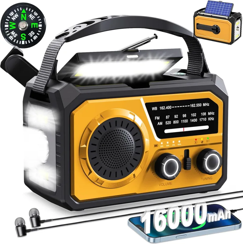Radio de emergencia con linterna - radio solar de manivela de 16000 mah, radio meteorológica am/fm/wb, radio bluetooth, cargador usb, alarma sos