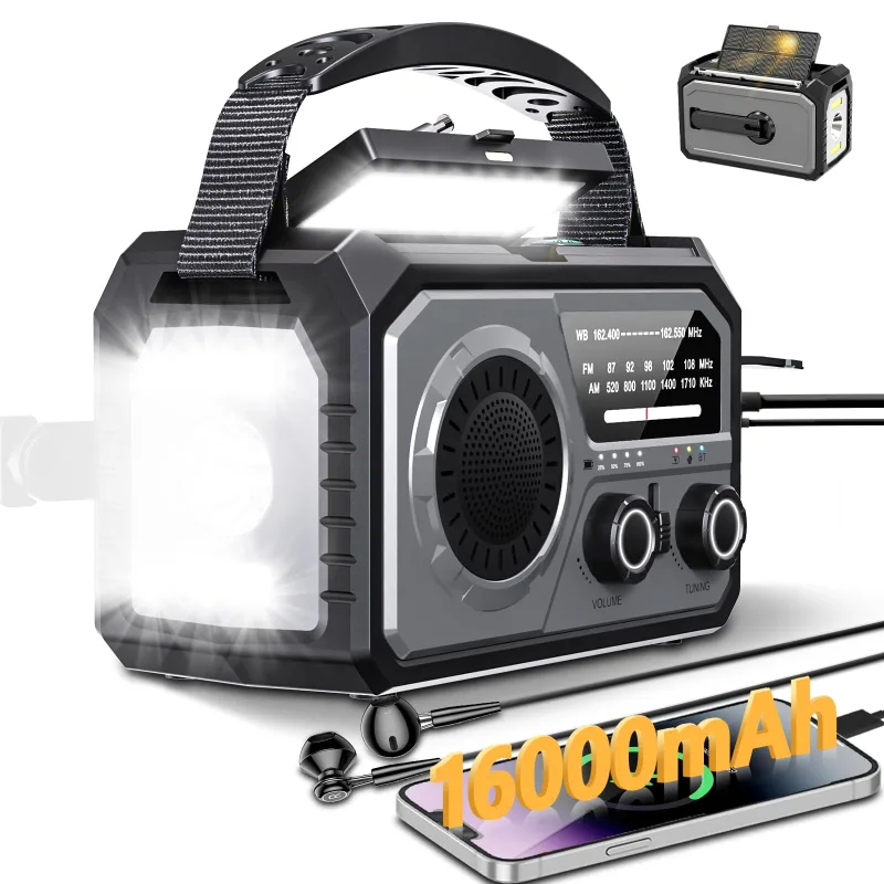 Radio de emergencia con linterna - radio solar de manivela de 16000 mah, radio meteorológica am/fm/wb, radio bluetooth, cargador usb, alarma sos