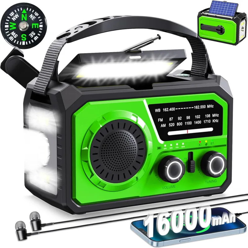 Radio de emergencia con linterna - radio solar de manivela de 16000 mah, radio meteorológica am/fm/wb, radio bluetooth, cargador usb, alarma sos