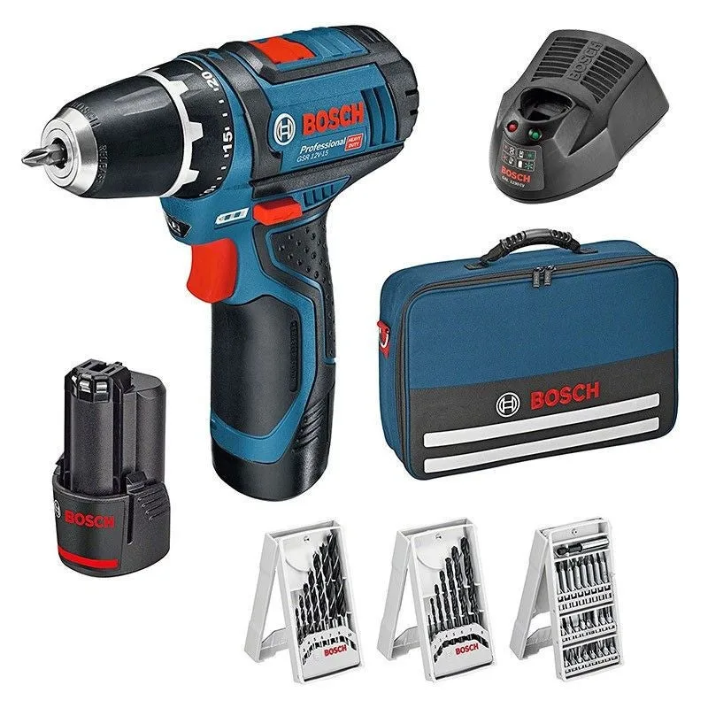 Bosch professional gsr 12v-15 trapano avvitatore a batteria, set accessori, borsa, nero/blu