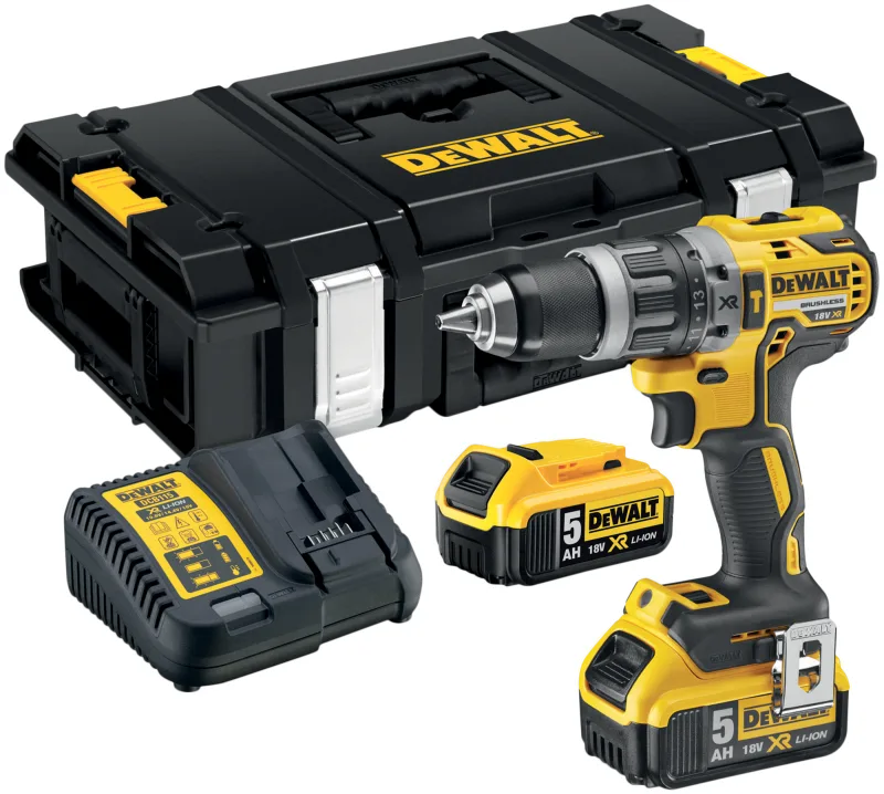 Taladro percutor a batería dewalt 18v brushless - 2 baterias incluye 2 baterías 18v xr li-ion 5ah, cargador multi-voltaje xr, pinza para cinturón, retención magnética de puntas y maletín tstak - dcd796p2-qw