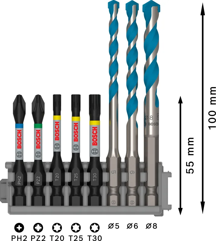 Juego de 5 puntas de atornillar 25mm + 3 brocas bosch