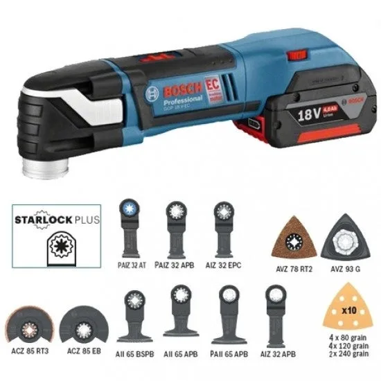 Lijadora-cortadora bosch gop 18v-28 - 2 x 5.0 ah 18v baterías, cargador, maletín + 9 cuchillas y 5 abrasivos - 06018b6003