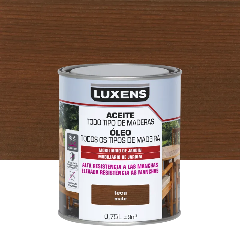 Aceite de teca color teca para mobiliario luxens mate 750 ml base agua