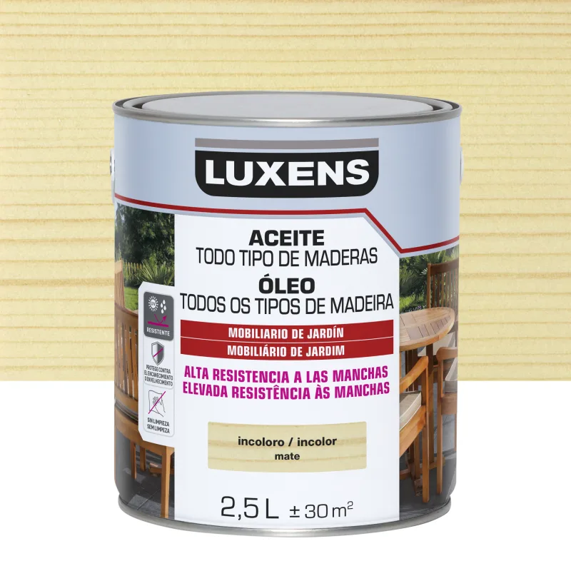 Aceite de teca color incoloro para mobiliario luxens mate 2.5l base agua