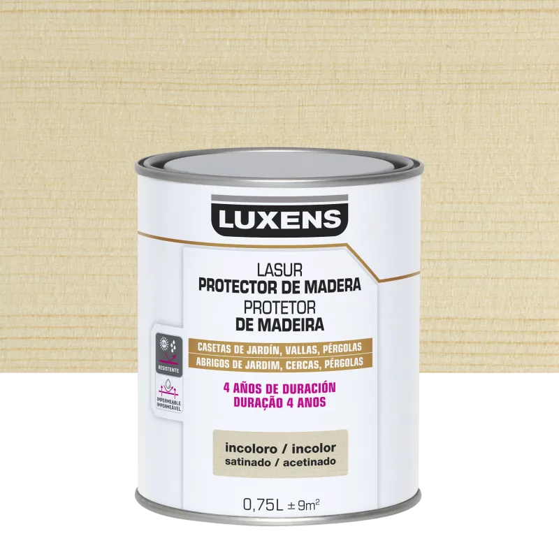 Protector madera exterior color incoloro para caseta de jardín, valla, persiana luxens satinado 750 ml base agua