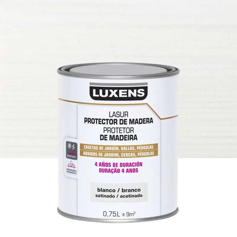 Protector madera exterior color blanco para valla, caseta de jardín, persiana luxens satinado 750 ml base agua