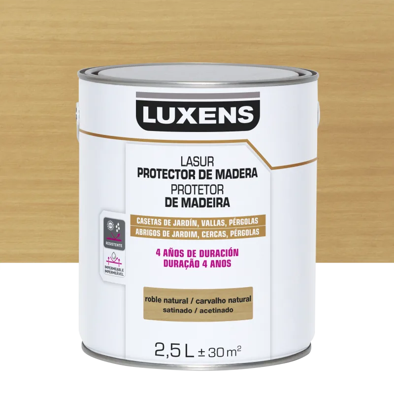 Protector madera exterior color roble natural para valla, caseta de jardín, persiana luxens satinado 2.5l base agua