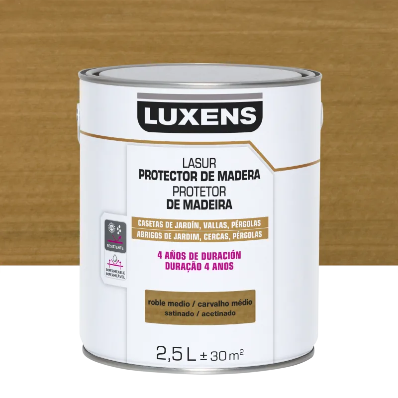 Protector madera exterior color roble medio para valla, caseta de jardín, persiana luxens satinado 2.5l base agua