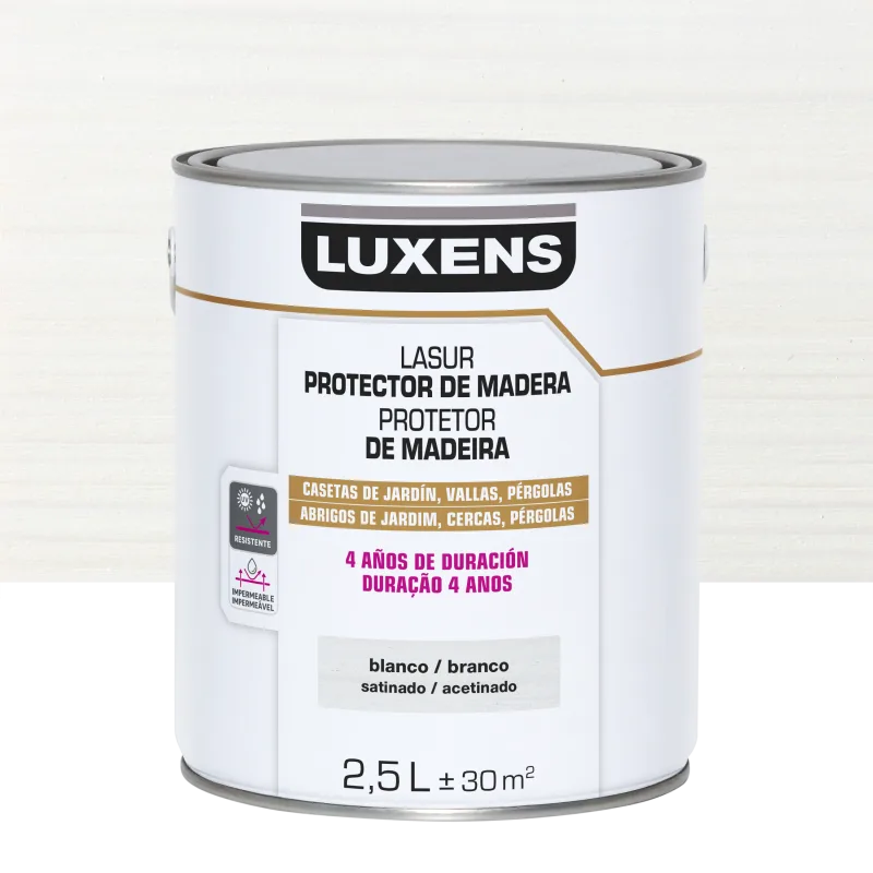 Protector madera exterior color blanco para valla, caseta de jardín, persiana luxens satinado 2.5l base agua
