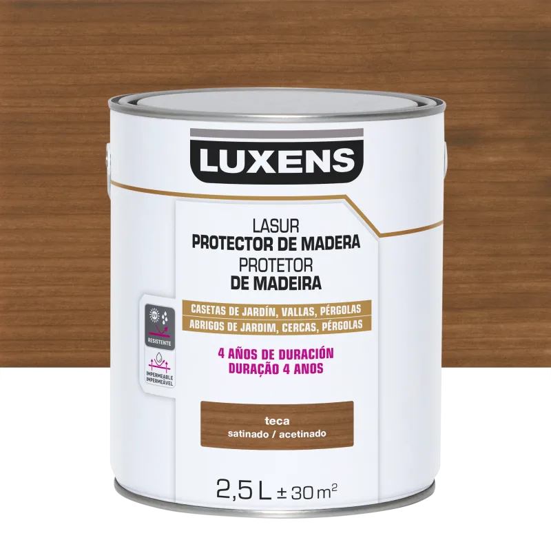 Protector madera exterior color teca para caseta de jardín, valla, persiana luxens satinado 2.5l base agua