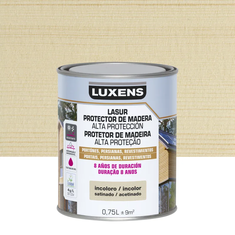 Protector madera exterior color incoloro para caseta de jardín, valla, cancela, fachada, friso, persiana luxens satinado 750 ml base agua