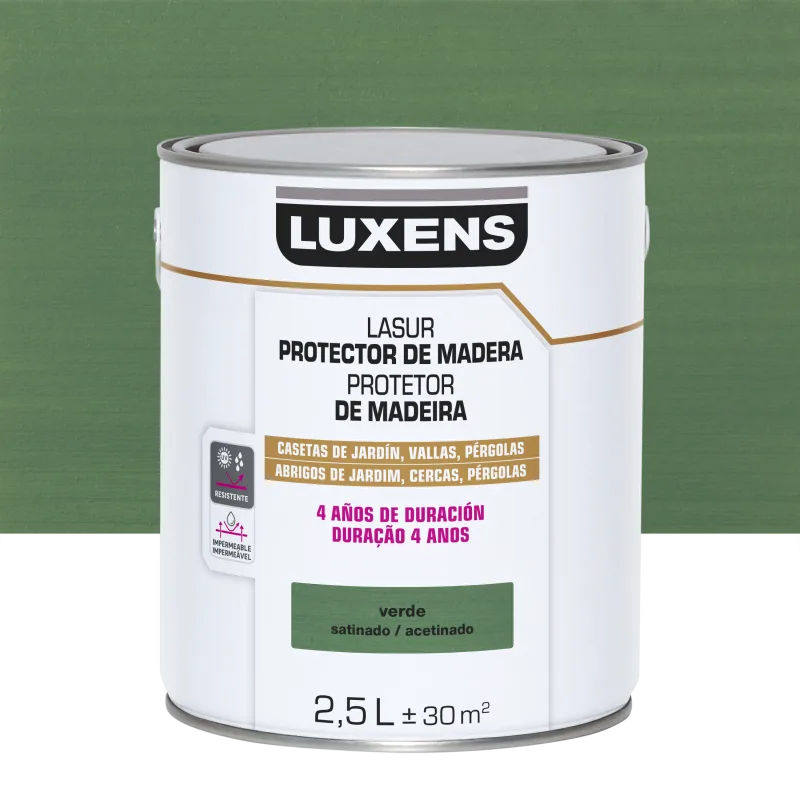 Protector madera exterior color verde para valla, caseta de jardín, persiana luxens satinado 2.5l base agua