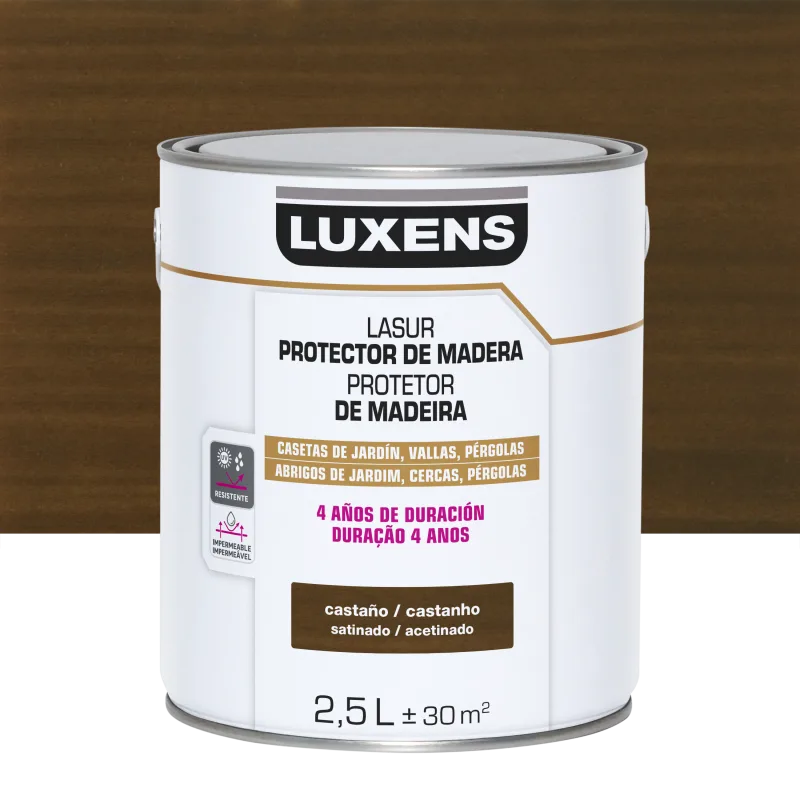 Protector madera exterior color castaño para valla, caseta de jardín, persiana luxens satinado 2.5l base agua