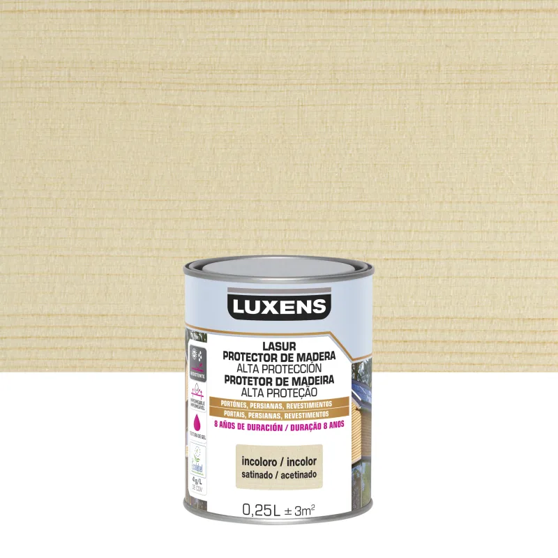Protector madera exterior color incoloro para valla, caseta de jardín, cancela, fachada luxens satinado 250 ml base agua