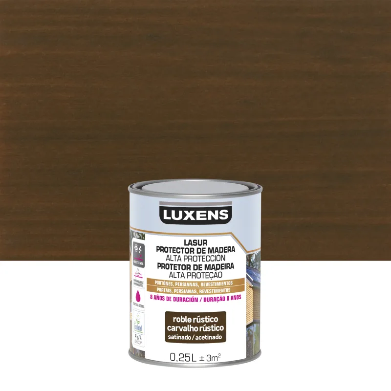 Protector madera exterior color roble oscuro para valla, caseta de jardín, cancela, fachada luxens satinado 250 ml base agua